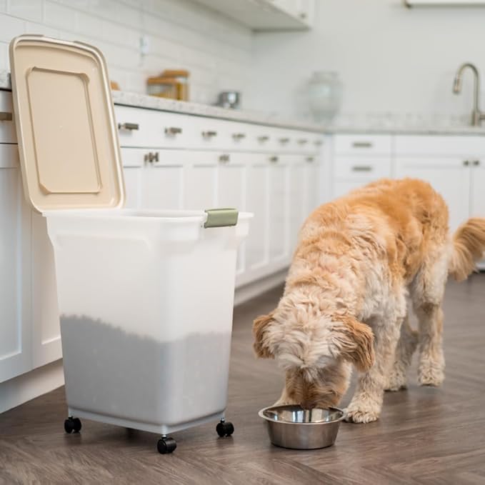 IRIS USA Airtight Dog Food Storage Container, WeatherPro, Up to 40 lbs, Removable Wheels, for Dog Cat Bird and Other Pet Food Storage Bin, Keep Fresh, Translucent Body, Made in USA, Pearl/Almond - Image 6
