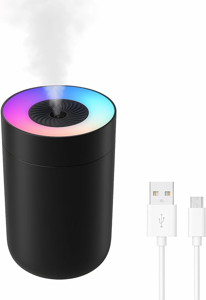 230ML Humidifier for Bedroom, Air Humidifier for Home, Plant Humidifiers Indoor Small with LED Colorful Gradient Light, USB Powered for Desk, Car, Travel, Hotel Room (Black) by Unknown