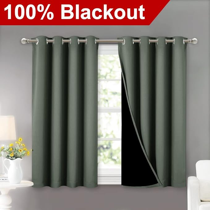 NICETOWN Dark Mallard 100% Blackout Curtains 45 inches Long, 2 Thick Layers Completely Blackout Window Treatment Thermal Insulated Lined Drapes for Small Window (1 Pair, 52 inches Width Each Panel) - Image 2