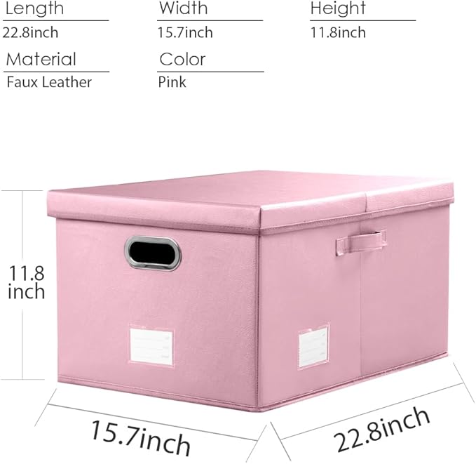 PRANDOM Collapsible Storage Box with Lid [3-Pack] Leather Fabric Foldable Storage Bin Organizer Container Basket Cube with Cover for Home Bedroom Closet Office Nursery Pink(22.8X15.7X11.8) - Image 5