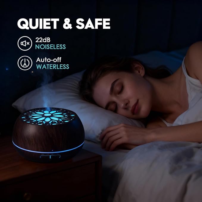 550ml Large Capacity Essential Oil Diffuser with 6 Aromatherapy Oils Set,Ultrasonic Air Humidifier with Timer and 7 Color LED Night Light Waterless Auto-Off Dark Wood Grain - Image 5
