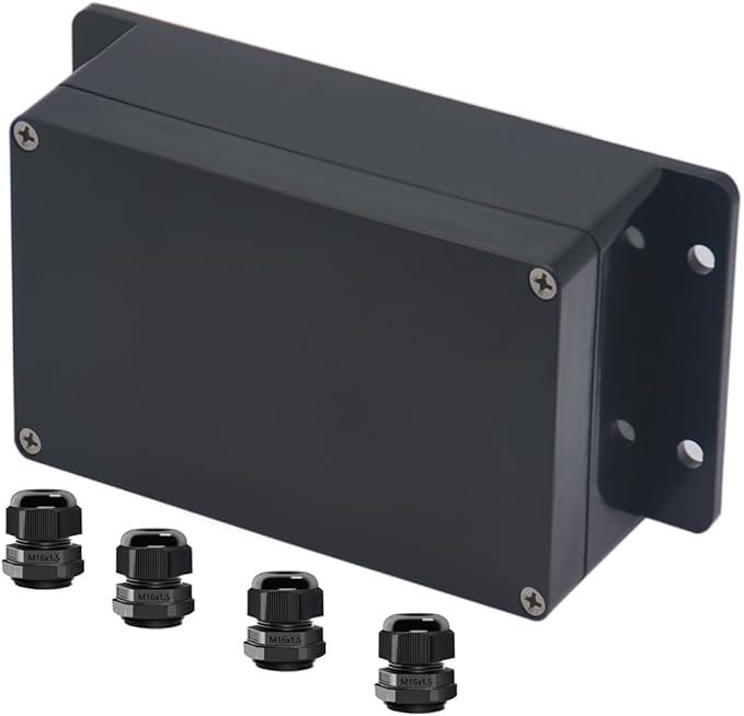 Project Box ABS Black Electrical Boxes IP65 Outdoor Waterproof Box Electronic Junction Box Fixed Ear Power Enclosure with Cable Glands for DIY Project 6.22 x 3.54 x 2.36 inch (158x90x60mm) by Raculety