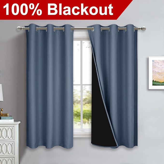 NICETOWN 100% Blackout Curtains Thermal, Stone Blue, 1 Pair, W37 x L60, Noise Reduction and Privacy Curtains for Patio Door, Black Lined Blackout Drapes with Grommet Top - Image 2