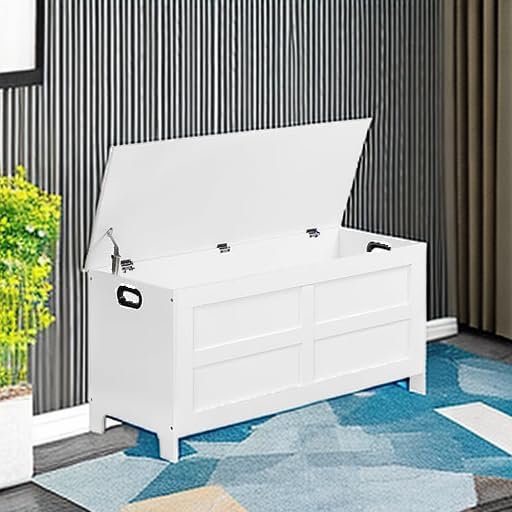 Storage Chest, 39.4” Large Toy Chest, Entryway Storage Trunk, Storage Bench with Safety Hinge, Entrance Bench for Living Room, Entrance, Bedroom, White SCWT48301 - Image 5