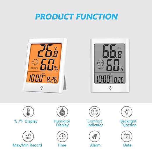 Digital Indoor Thermometer for Room, Smart Temperature Humidity Monitor with Backlight, Comfort Indicator, Max/Min Record, Time, Calendar, Alarm, °c/°f Switch for Bedroom, School - Image 2