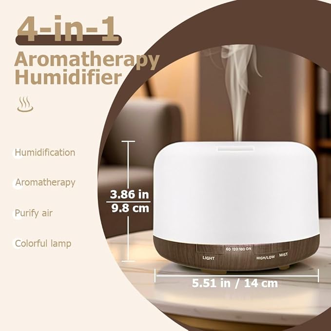 500ml Essential Oil Diffuser,Quiet 4-in-1 Ultrasonic Aromatherapy Humidifier,7 Color LED Lights,Timer & Auto-Off,BPA Free,Large Capacity Room Fragrance(Deep Woodgrain, Mini Model) - Image 2