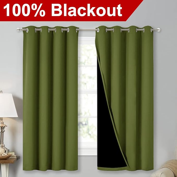 NICETOWN 100% Blackout Curtain Panels, Thermal Insulated Black Liner Curtains for Nursery Room, Noise Reducing and Cold Blocking Drapes for Windows (2 PCs, Olive Green, 52-inch Wide by 63-inch Long) - Image 2