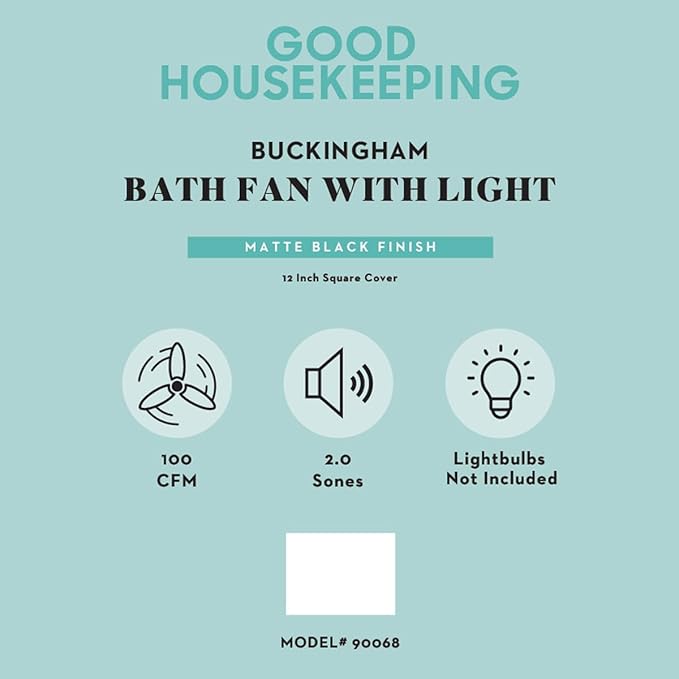 Good Housekeeping (90068) Buckingham 100 CFM 2.0 Sones Decorative Bathroom Ventilation Exhaust Fan with Light & Night-Light in Matte Black - Image 3