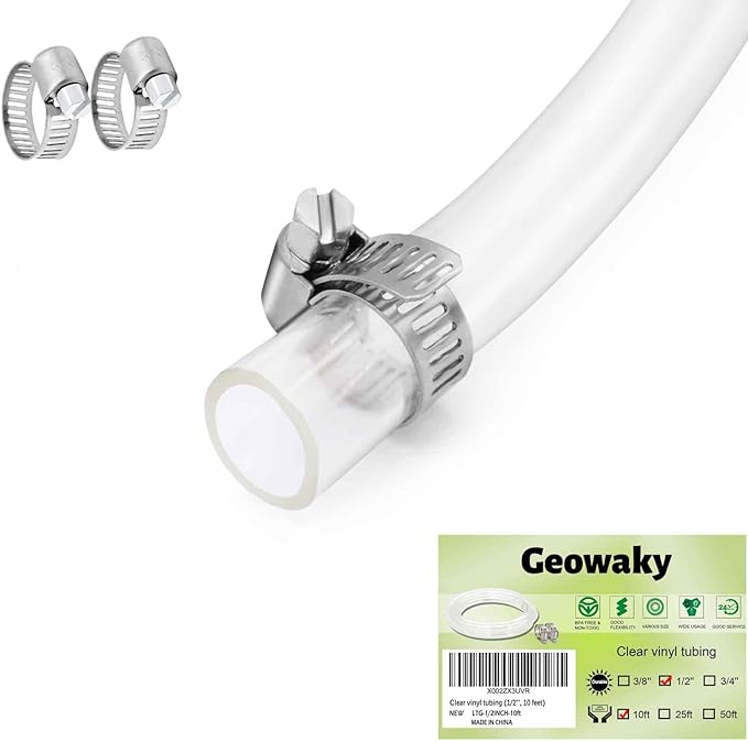 Clear Vinyl Tubing 1/2" ID × 5/8" OD -10 Ft 60PSI,Flexible Plastic Tubing,BPA Free Non-Toxic, Multipurpose Hybrid Clear Reinforced Tube with 2 Screw Clamps by ProfessionalBrand