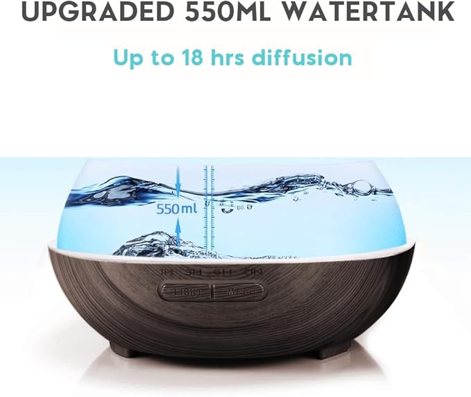 550ml Large Capacity Essential Oil Diffuser with 6 Aromatherapy Oils Set,Ultrasonic Air Humidifier with Timer and 7 Color LED Night Light Waterless Auto-Off Dark Wood Grain - Image 8