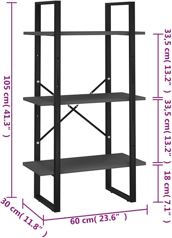 Grey Metal Medium Storage Shelf 11.8 x 23.6 x 41.3 in 3 Tier Rectangular Bookshelf Organizer Industrial Unit for Living Room Basement Bedroom - Image 2
