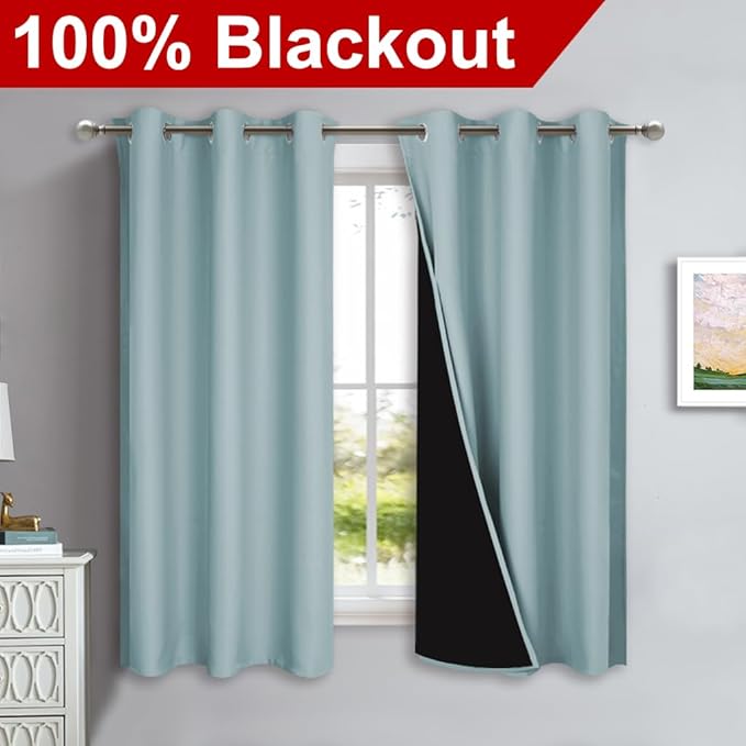 NICETOWN 100% Blackout Lined Curtains, Sky Blue, 1 Pair, 42" Width x 63" Length Each Panel, 2 Thick Layers Completely Blackout Window Treatment Panels Thermal Insulated Drapes for Kitchen - Image 2
