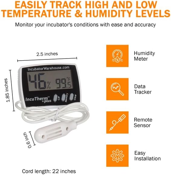 Incubator Warehouse IncuTherm™ Plus Digital Thermometer and Hygrometer for Egg Incubator - Large Digital Display with Min/Max Memory - Remote Probe - Reads Celsius and Fahrenheit +/-1° 1109 IWTH01 - Image 3