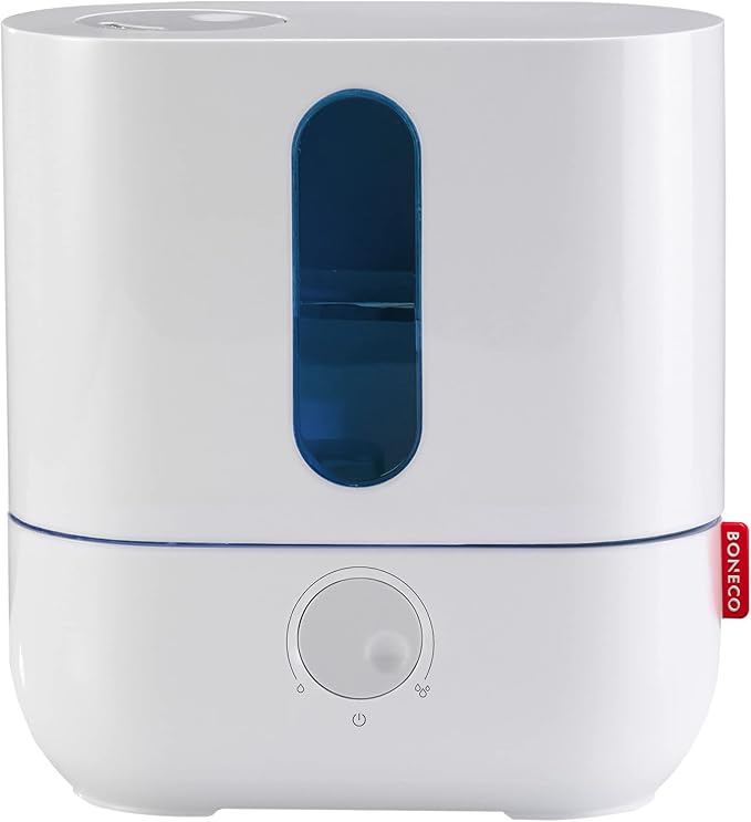 BONECO 1 Gallon Whisper Quiet Cool Mist Ultrasonic Humidifier for Large Room with LED Light, Control Knob, and Essential Oil Holder, White by BONECO