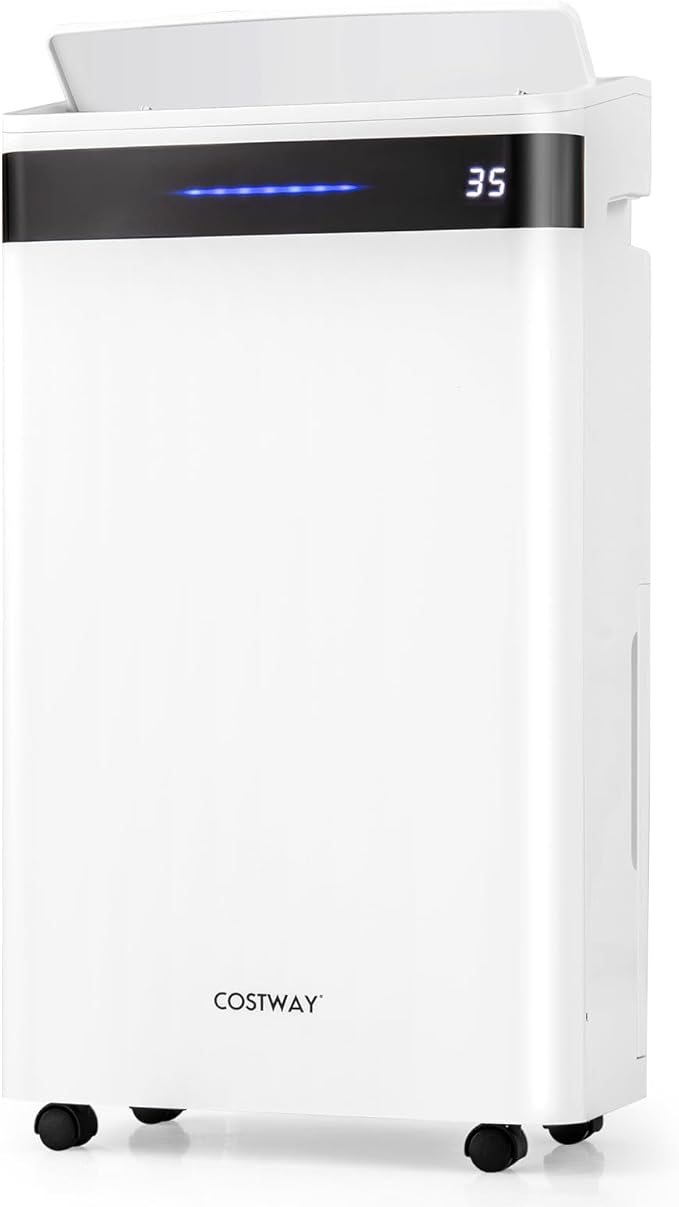 COSTWAY 4,500 Sq. Ft Dehumidifier for Basement, 3-Color Humidity Indicator, Dry Clothes Mode, 12" Drain Hose & Wheels, 57 Pint/Day Dehumidifier for Large Room (White&Black) by COSTWAY