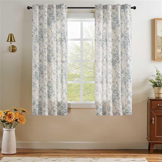 jinchan Linen Floral Curtains 63 Inch Length for Living Room Bedroom Light Filtering Farmhouse Peony Flower Drapes Rustic Window Curtain Set Rod Pocket Back Tab 2 Panels Blue by JINCHAN