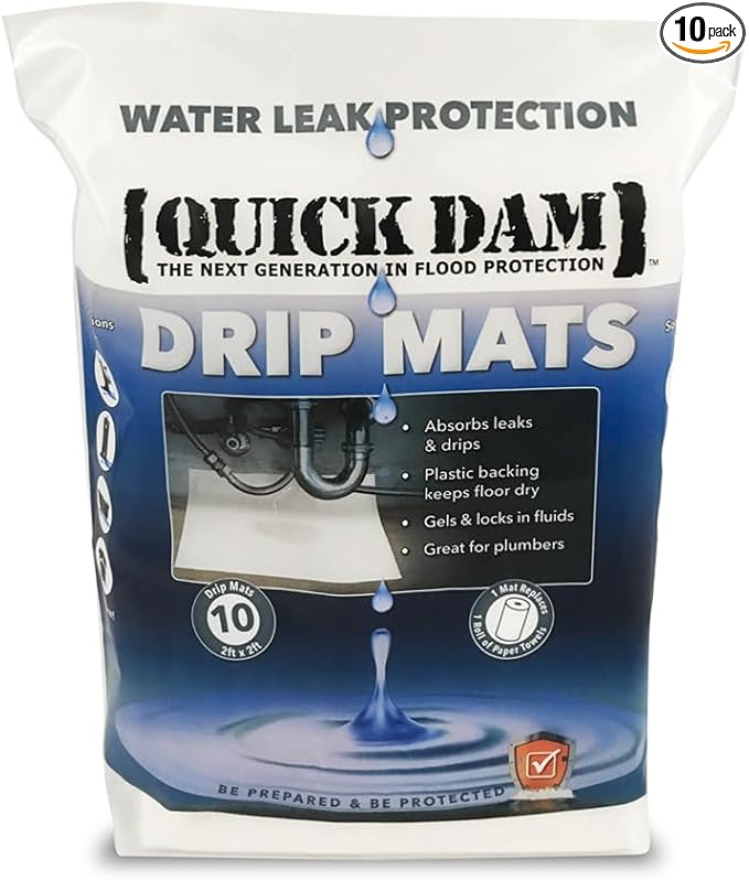 Quick Dam WUBM-10 Drip Mats – 2ft x 2ft Super Absorbent Leak & Spill Control Pads – 10-Pack – Waterproof Backing – Converts Liquid to Gel – Prevents Slips & Falls 10PK by QuickDam