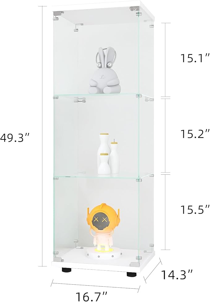 Yoluckea 3 Shelves Glass Display Cabinet with Door, Curio Collection Glass Display Case for Home Office, Floor Standing Bookshelf Corner Cabinet for Book Toys Glory (White) - Image 2