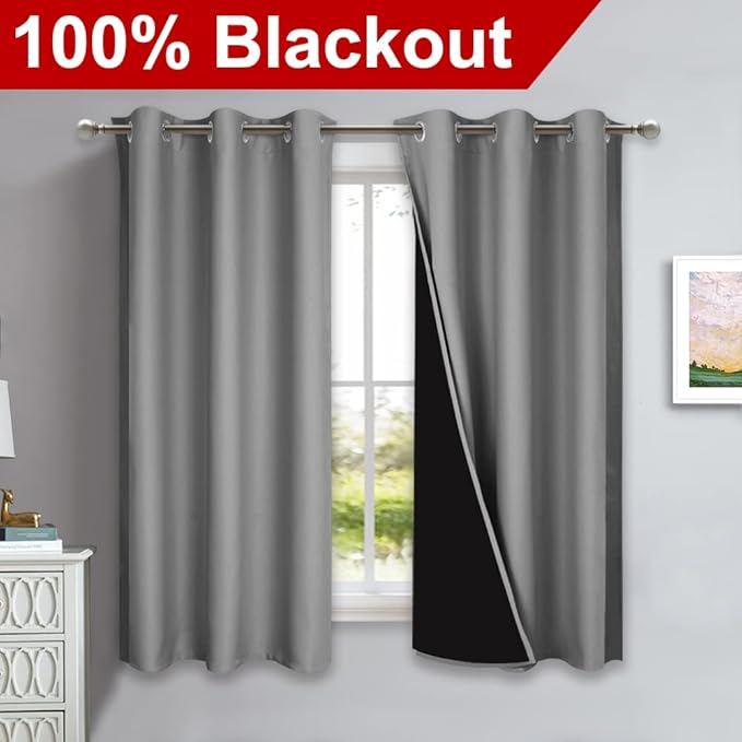 NICETOWN 100% Blackout Curtains with Black Liners, Solid Thermal Insulated Full Blackout 2-Layer Lined Drapes, Energy Efficiency Window Draperies for Bedroom (2 Panels, 42" W by 63" L, Silver Grey) - Image 2