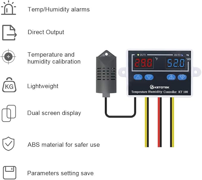 KETOTEK KT100 Humidity Temperature Controller 120V 10A Fahrenheit Digital Thermostat Humidistat Control Switch Direct Output with 1.5m Temperature Humidity Sensor - Image 3