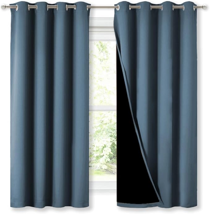 NICETOWN 100% Blackout Curtains with Black Liners, Smoky Blue, 2 Panels, 52-inch W by 63-inch L, Thermal Insulated Full Blackout 2-Layer Lined Drapes, Energy Efficiency Window Draperies for Bedroom - Image 2