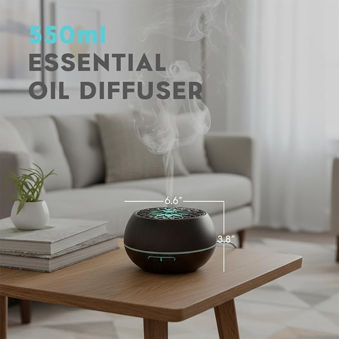 550ml Large Capacity Essential Oil Diffuser with 6 Aromatherapy Oils Set,Ultrasonic Air Humidifier with Timer and 7 Color LED Night Light Waterless Auto-Off Dark Wood Grain - Image 2