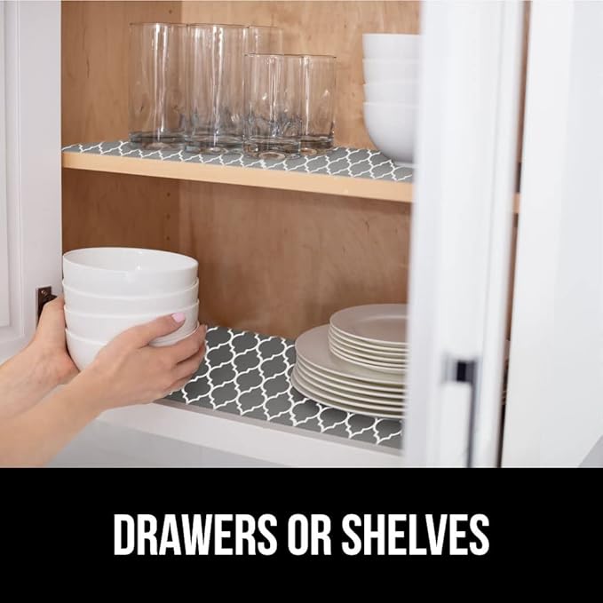GORILLA GRIP DripGuard Shelf Liner, Non-Adhesive Drawer and Kitchen Cabinet Protector, Strong Grip Slip Resistant Underside, Smooth Surface Liners for Cabinets, Bathroom Closets 17.5x240 In White Gray - Image 7