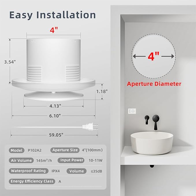 4 Inch Bathroom Exhaust Fan with Switch, Upgraded Exhaust Fan Low Noise IPX4 Waterproof 2600RPM Household Ventilation Fans, Window Ceiling Wall Mount Vent Fan for Attic Basement Garage Washroom P102A2 - Image 5