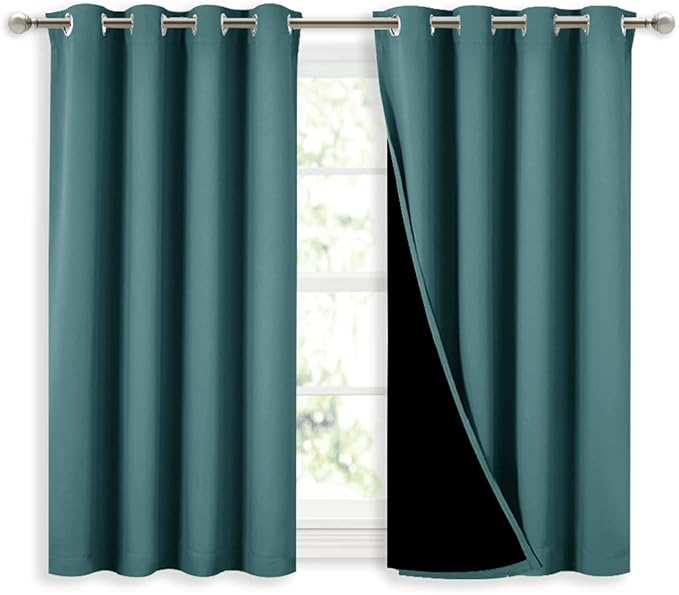 NICETOWN Small 100% Blackout Curtains with Black Liners, Thermal Insulated 2-Layer Lined Drapes, Energy Efficiency Window Draperies for Dining Room (Sea Teal, 2 Panels, 52-inch W by 45-inch L) - Image 3