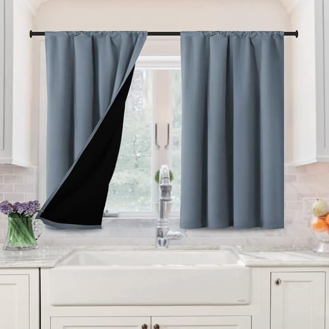H.VERSAILTEX 100% Blackout Curtains for Bedroom Short Curtains Half Window Curtains for Kitchen, Privacy Energy Saving Curtain Tiers for Bathroom Shades, W 42 x L 36 inch, Stone Blue, Set of 2 by HVERSAILTEX