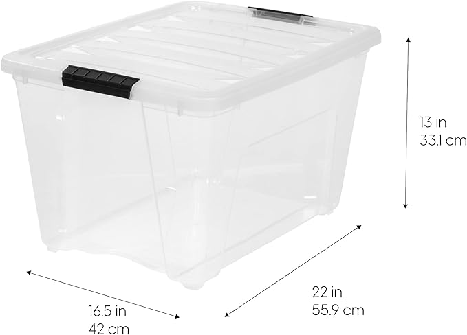IRIS USA 54 Qt Stackable Plastic Storage Bins with Lids, 4 Pack - BPA-Free, Made in USA - See-Through Organizing Solution, Latches, Durable Nestable Containers, Secure Pull Handle - Clear - Image 2