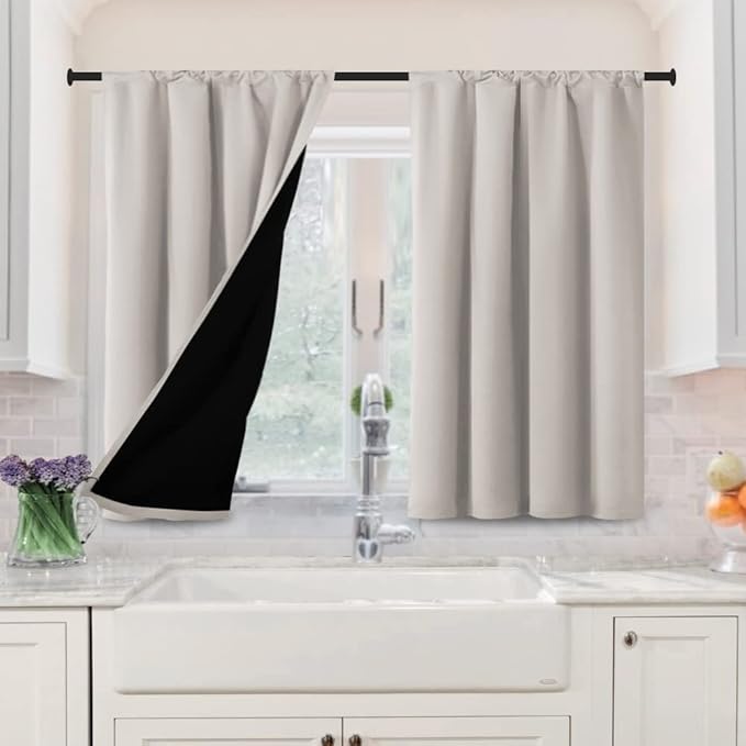 H.VERSAILTEX 100% Blackout Curtains for Bedroom Short Curtains Half Window Curtains for Kitchen, Privacy Energy Saving Curtain Tiers for Bathroom Shades, W 42 x L 36 inch, Pumice Stone, Set of 2 by HVERSAILTEX