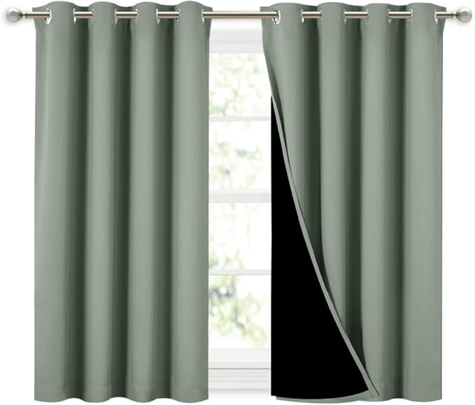 NICETOWN Greyish Green 100% Blackout Curtains 45 inches Long, 2 Thick Layers Completely Blackout Window Treatment Thermal Insulated Lined Drapes for Small Window (1 Pair, 52 inches Width Each Panel) by NICETOWN