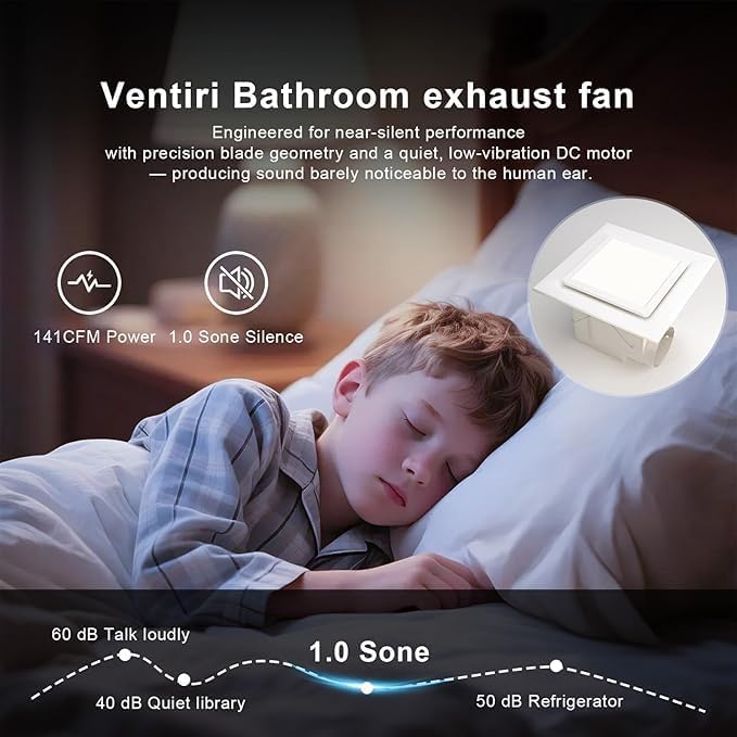 Bathroom Exhaust Fan with Light, 12 INCH, Upgraded Quiet Square Vent Fans with LED Light, 141 CFM, for Bathroom, Office, Home - Image 3