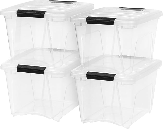 IRIS USA 19 QT Plastic Storage Box with Lid and Latches - 4 Pack - BPA-Free, See-Through Organizing Solution, Durable Nestable Stackable Containers, Secure Pull Handle - Clear by IRISUSA