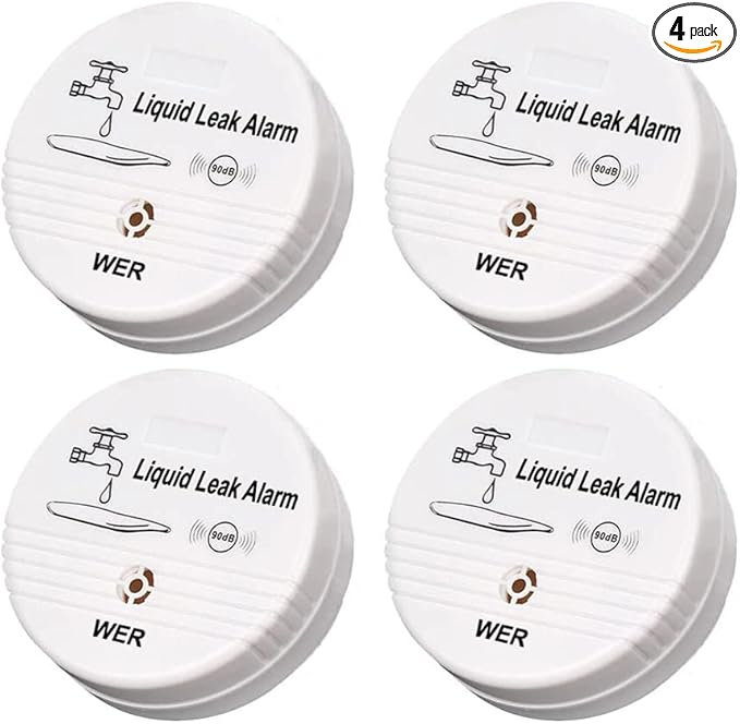 WER Water Leak Alarm Sensor, Battery Operated Leak Alert, 90dB Water Detector for Basements, Bathrooms, Laundry Rooms, Kitchens, Garages and All Office Areas (Shipped Without Battery, 4 Pack) by WER