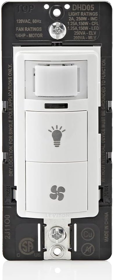 Leviton Dual Combination Humidity Sensor with Separate Light Switch, Automate Bathroom Exhaust Fan, Air Circulation, Moisture Control, Single Pole/Single Pole, ¼ HP, DHD05-1LW, White by Leviton