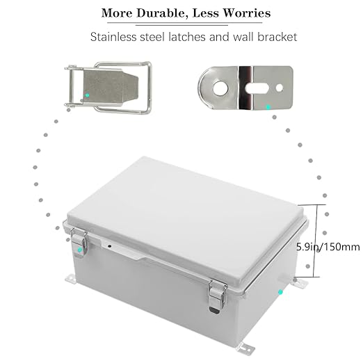 Zulkit Junction Box,IP67 Waterproof Electrical Box Hinged Cover Stainless Steel Buckle Plastic Enclosure for Project w Mounting Plate Wall Bracket and 2 Cable Gland Grey 13.8"x9.8"x5.9"/350x250x150mm - Image 2