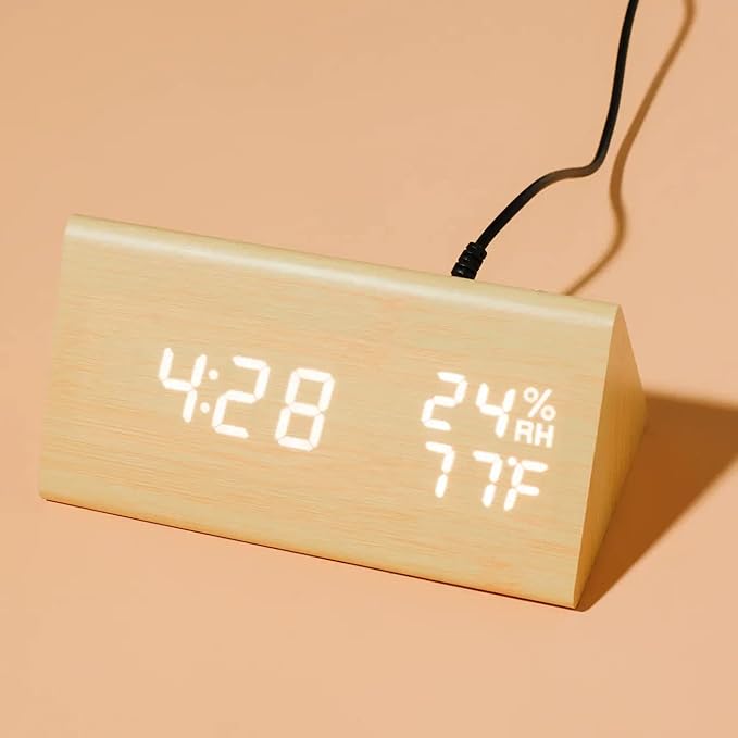 OCT17 Wooden Alarm Clock, Wood Alarm Clock Smart LED Digital Clock for Bedroom/desks, Upgraded with Time Temperature, Adjustable Brightness and Voice Control, Humidity Displaying - Bamboo - Image 2
