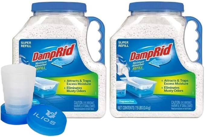 Damp Rid Moisture Absorber Refill Container 7.5 lb – Fragrance Free Odor and Moisture Absorber for Basements, Closets & Storage Spaces – High-Capacity Humidity Control, 2 Pack – Ilios Cup by Ilios