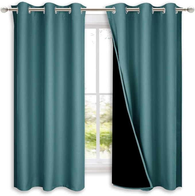 NICETOWN 100% Blackout Curtains 54 inches Long, Sea Teal, 1 Pair, 42 inches Width Each Panel, Double-Deck Completely Blackout Window Treatment Thermal Insulated Lined Drapes for Small Window by NICETOWN