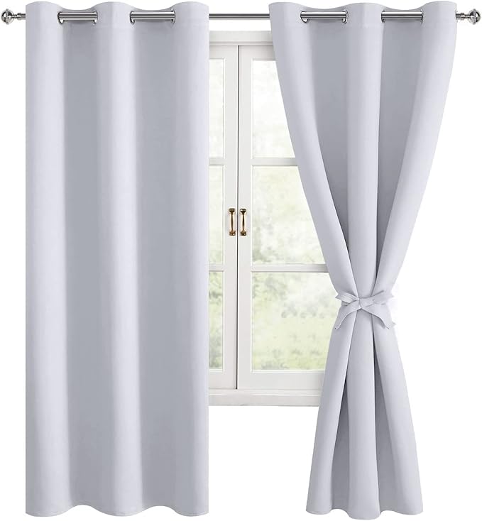 Hiasan Room Darkening Curtains for Bedroom, Noise Reducing, Energy Saving Blackout Window Curtain Panels, Sewn with Tiebacks, Set of 2, Grommet Top (Greyish White, Width 38 Inch x Length 72 Inch) by Hiasan