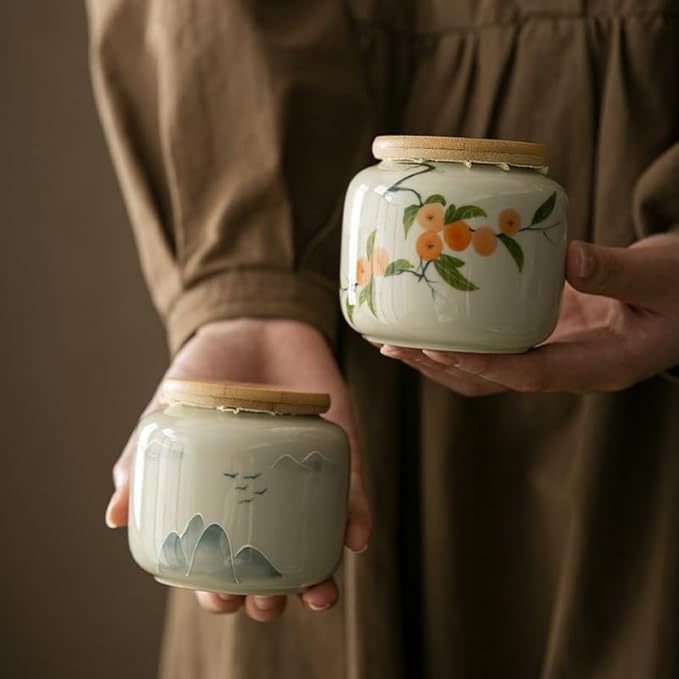 Storage Tank Hand-painted Distant Mountains, Green Bamboo, Persimmon Tea Cans, Small Ceramic Sealed Tea Cans, Moisture-proof Home Use Tea Storage Caddy(D) - Image 8