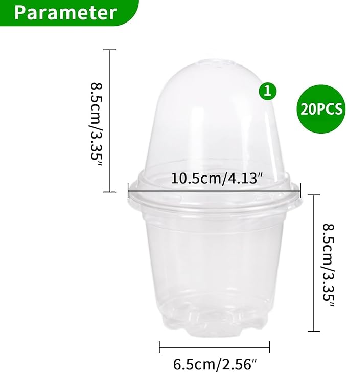 JOPY 4 Inch Plastic Nursery Pots with Humidity Dome for Plants 20 Pack Clear Seedlings Planting Pots for Garden Indoor and Outdoor Small Planter Containers with Drainage Holes - Image 2