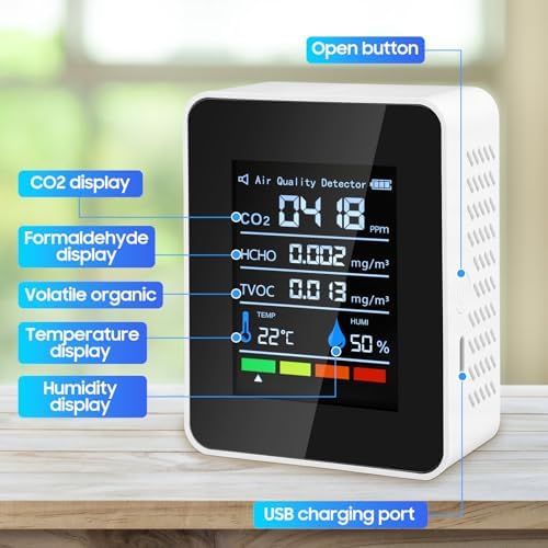 Air Quality Monitor, 5 in 1 Portable Quality Tester, CO2 Detector Air Quality Monitor Indoor, for CO2 | TVOC | HCHO | Temp Humi for Home, Cars Plants,Hotel, Office - Image 6