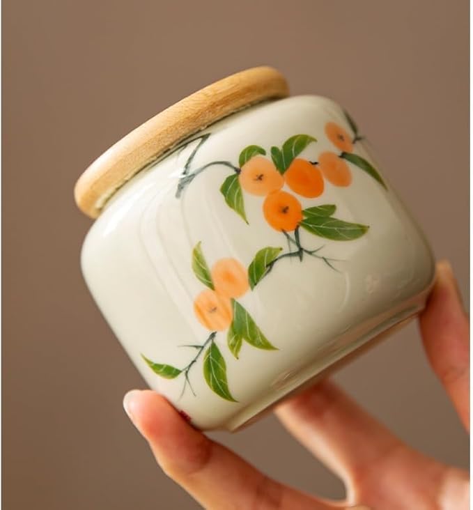 Storage Tank Hand-painted Distant Mountains, Green Bamboo, Persimmon Tea Cans, Small Ceramic Sealed Tea Cans, Moisture-proof Home Use Tea Storage Caddy(B) - Image 5