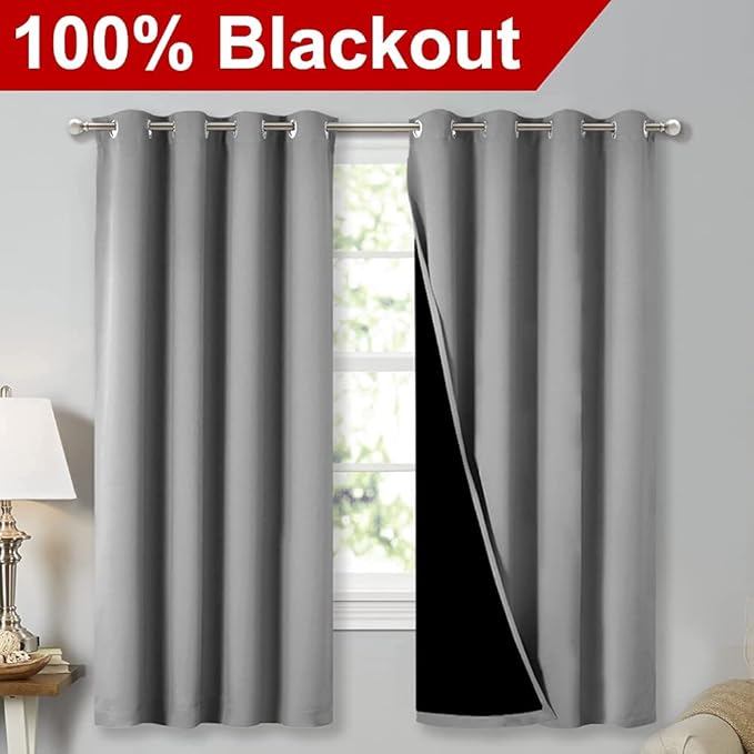 NICETOWN 100% Blackout Curtains with Black Liners, Thermal Insulated Full Blackout 2-Layer Lined Drapes, Energy Efficiency Window Draperies for Bedroom (Silver Grey, 2 Panels, 52-inch W by 63-inch L) - Image 2
