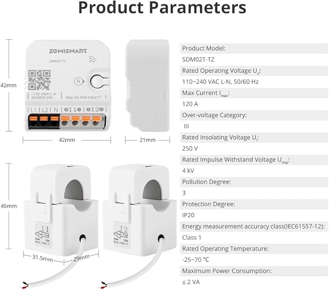 Smart Home Energy Monitor with 2 x 120A CTs, Live Electricity Usage Tracking, Supports Single-Phase 3-Wire System, Works with Home Assistant & Zigbee2MQTT (Zigbee Version) - Image 7