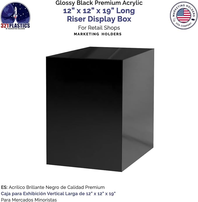 Marketing Holders 2 Pack Tall Display Box Glossy Black Acrylic 12" x 12” x 19” No Lid Hollow Pedestal 5 Sided Retail Merchandise Display Trinkets Flower Tower Bin Elevated Multi Use Showcase - Image 3