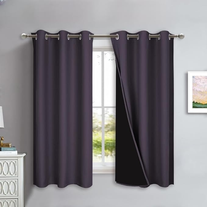 NICETOWN 100% Blackout Short Curtains with Black Liners, 2 Panels, 37" W by 40" L, Greyish Purple, Thermal Insulated Full Blackout 2-Layer Lined Drapes, Energy Efficiency Window Drapes for Bedroom by NICETOWN